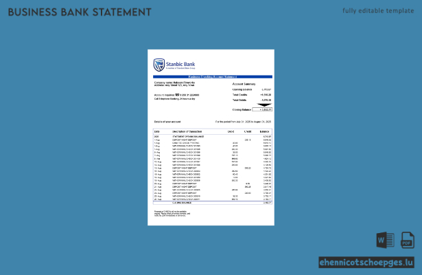 Uganda Stanbic Firmenkontoauszug Word- und PDF-Beispielansicht